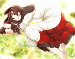 Rule 34 | 1girl, animal ears, barefoot, brooch, brown eyes, brown hair, capelet, chachi (azuzu), dress, imaizumi kagerou, jewelry, long sleeves, lying, multicolored clothes, multicolored dress, on side, red dress, solo, tail, touhou, white dress, wide sleeves, wolf ears