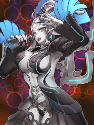 Rule 34 | 1girl, :d, black nails, black panties, breasts, colored skin, detached sleeves, dress, facial mark, grey eyes, grey hair, grey skin, highres, holding, holding microphone, large breasts, looking at viewer, meyneth (xenoblade), microphone, nail polish, natto soup, navel, nintendo, open mouth, panties, red background, rev (919343173), revealing clothes, smile, solo, underwear, xenoblade chronicles (series), xenoblade chronicles 1