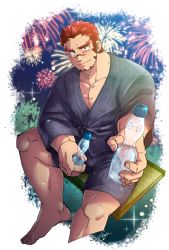Rule 34 | 1boy, akashi (live a hero), alternate costume, bara, barefoot, blue kimono, blue shorts, blush, casual, cropped legs, facial hair, fireworks, fujishima kazuya, goatee, gradient hair, highres, incoming drink, japanese clothes, kimono, live a hero, long sideburns, looking at viewer, pectoral cleavage, male focus, multicolored hair, muscular, muscular male, pectorals, red eyes, red hair, scar, scar on face, scar on nose, short hair, short kimono, shorts, sideburns, sitting, solo, spread legs, thick eyebrows