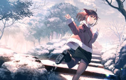 Rule 34 | 1girl, ahoge, bare tree, black footwear, blunt bangs, blurry, blurry foreground, blush, boots, brown hair, closed mouth, foot out of frame, fur-trimmed jacket, fur-trimmed sleeves, fur trim, grey eyes, hair ornament, hairclip, hands up, highres, jacket, koh rd, long sleeves, looking at viewer, looking back, medium hair, original, outdoors, pantyhose, railing, rock, shorts, smile, snow, solo, stairs, sweater, tree, wide shot, winter, winter clothes