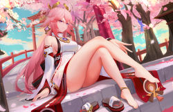 Rule 34 | 1girl, absurdres, anklet, bare legs, bare shoulders, barefoot, blue sky, breasts, cherry blossoms, chinese commentary, closed mouth, cloud, commentary request, crossed legs, day, detached sleeves, dutch angle, feet, floral print, flower, full body, genshin impact, hair ornament, highres, japanese clothes, jewelry, long hair, long sleeves, looking at viewer, medium breasts, outdoors, partial commentary, petals, pink flower, pink hair, print sleeves, purple eyes, sandals, unworn sandals, sideboob, sitting, sky, smile, solo, tree, very long hair, vision (genshin impact), xiaoshan jiang, yae miko