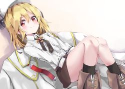 Rule 34 | 1girl, amano kouki, between legs, black socks, blonde hair, blush, boots, brown footwear, brown skirt, center frills, closed mouth, commentary request, feet out of frame, frills, fur hat, girls&#039; frontline, hair between eyes, hand between legs, hat, highres, jacket, knees up, long hair, lying, nagant revolver (girls&#039; frontline), on back, red eyes, shirt, skirt, smile, socks, solo, unworn jacket, white hat, white jacket, white shirt
