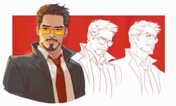 Rule 34 | 1boy, anoiue, brown eyes, brown hair, coat, facial hair, goatee, highres, lips, male focus, marvel, marvel cinematic universe, multiple views, mustache, necktie, orange-tinted eyewear, outside border, red background, red necktie, shirt, tinted eyewear, tony stark, trench coat, two-tone background, white background, white shirt