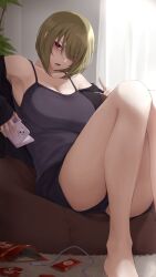 Rule 34 | 1girl, armpits, bare legs, bare shoulders, barefoot, bean bag chair, black jacket, black shorts, black tank top, brand name imitation, breasts, cleavage, collarbone, eyes visible through hair, food, foot out of frame, hair over one eye, highres, holding, holding phone, index finger raised, indoors, jacket, knees together feet apart, large breasts, legs, mole, mole under eye, off shoulder, open mouth, original, phone, red eyes, short hair, shorts, sitting, sleeves past wrists, solo, takagi mitsukuni, tank top