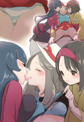 Rule 34 | 3girls, black hair, blue bra, bra, breasts, brown hair, character age, chorimokki, cleavage, clothes lift, creatures (company), difference, erika (pokemon), french kiss, game freak, green (pokemon), gym leader, hat, kiss, leaf (pokemon), legs, long hair, multiple girls, nintendo, panties, pantyhose, pokemon, pokemon frlg, sabrina (pokemon), shirt lift, short hair, skirt, smile, spread legs, striped clothes, striped panties, sweat, tongue, tongue out, underwear, upskirt, yuri