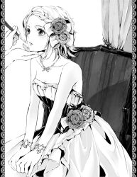 Rule 34 | 1girl, bad id, bad pixiv id, bracelet, breasts, cleavage, collarbone, dress, flower, greyscale, hair flower, hair ornament, indoors, jewelry, kagamine rin, makeup, makeup brush, mayumelo, medium breasts, monochrome, necklace, parted lips, short hair, simple background, sitting, sleeveless, sleeveless dress, solo, strapless, strapless dress, vocaloid, white background