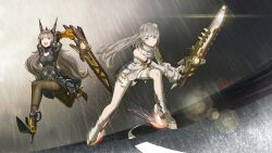 Rule 34 | 1girl, arms behind back, black dress, black pantyhose, breasts, chainsword, cross-shaped pupils, dated, detached sleeves, dress, dual wielding, fake horns, fighting stance, grey dress, grey eyes, grey hair, grey sleeves, hair ornament, high heels, highres, holding, holding sword, holding weapon, horns, light brown hair, long hair, mechanical arms, mechanical foot, medium breasts, multiple persona, nanami: pulse (punishing: gray raven), nanami: storm (punishing: gray raven), nanami (punishing: gray raven), open mouth, pantyhose, ponytail, punishing: gray raven, rain, road, shui qian he kafei, signature, skates, sword, symbol-shaped pupils, twintails, very long hair, weapon