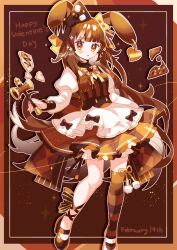 Rule 34 | 1girl, :o, animal ear piercing, animal ears, apron, bow, brown background, brown footwear, brown hair, brown shirt, brown skirt, brown thighhighs, chocolate, commentary, dated, full body, hair bow, hammer, happy valentine, highres, holding, holding hammer, inset border, long hair, looking at viewer, original, outline, patterned background, puffy sleeves, rabbit ears, saijo1201, shirt, single thighhigh, skirt, sparkle, striped clothes, striped thighhighs, thighhighs, very long hair, white apron, white sleeves, yellow bow, yellow eyes