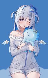 Rule 34 | 1girl, absurdres, alternate costume, amane kanata, angel, angel wings, bare shoulders, collarbone, grey hair, hair ornament, halo, highres, hololive, karu (karusenpai), long hair, looking at viewer, mascot, multicolored hair, nightgown, off shoulder, one eye closed, open mouth, single hair intake, star halo, stuffed animal, stuffed toy, thighs, upao (amane kanata), virtual youtuber, wings