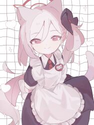 Rule 34 | 1girl, animal ears, apron, black dress, black scrunchie, blue archive, blush, cat ears, closed mouth, collared dress, dress, frilled apron, frills, grey hair, hair ornament, hair scrunchie, halo, highres, long hair, looking at viewer, maid apron, minase momo, mutsuki (blue archive), necktie, purple eyes, red halo, red necktie, scrunchie, side ponytail, smile, solo, very long hair, white apron