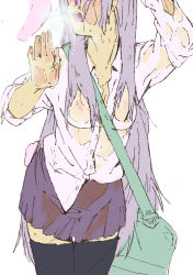 Rule 34 | 1girl, against glass, animal ears, bag, between breasts, breast press, breasts, breasts on glass, breath, cheek squash, female focus, heavy breathing, long hair, medium breasts, miniskirt, mtmy, open mouth, purple hair, rabbit ears, reisen udongein inaba, satchel, see-through, shirt, skirt, solo, strap between breasts, sweat, sweat stain, thighhighs, touhou, very long hair, wet, wet clothes, wet shirt, zettai ryouiki