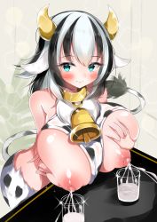 Rule 34 | 1girl, animal ears, animal print, aqua eyes, bare shoulders, black hair, blush, breast hold, breast press, breasts, breasts out, collar, cow ears, cow girl, cow print, cow tail, cowbell, deep skin, fur, glass, glint, grabbing own breast, halterneck, highres, holstaur (monster girl encyclopedia), huge breasts, lactating into container, lactation, long hair, looking at viewer, milk, milking, monster girl, monster girl encyclopedia, multicolored hair, neku (sky hologram), pale skin, shiny skin, simple background, skindentation, smile, solo, table, tail, two-tone hair, white hair