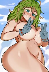 Rule 34 | 1girl, absurdres, blush, boku no hero academia, breasts, casual nudity, completely nude, convenient censoring, curvy, exhibitionism, female focus, green eyes, green hair, groin, hagakure tooru, highres, huge breasts, melonpuff, navel, nude, peace symbol, pixiv, public indecency, sky, smile, solo, thick thighs, thighs