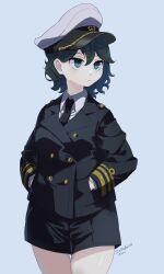 Rule 34 | 1girl, adapted costume, black hair, black jacket, closed mouth, commentary request, cowboy shot, dated, green eyes, hand in pocket, hat, highres, jacket, long sleeves, murasa minamitsu, sailor hat, short hair, signature, solo, tami (joemanyodw), touhou