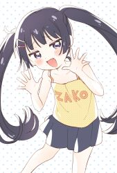 Rule 34 | 1girl, aged down, bare shoulders, black hair, blue eyes, blush stickers, camisole, clothes writing, dotted background, fang, flat chest, hair ornament, hairclip, hands up, highres, long hair, mesugaki, namori, nijisanji, open mouth, skirt, smug, solo, tsukino mito, twintails, virtual youtuber