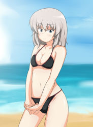 Rule 34 | 1girl, beach, bikini, black bikini, blue eyes, blue sky, blurry, blurry background, breasts, cleavage, closed mouth, commentary, cowboy shot, day, gam, girls und panzer, halterneck, highres, horizon, interlocked fingers, itsumi erika, light blush, light frown, looking at viewer, medium breasts, medium hair, navel, ocean, outdoors, own hands together, silver hair, sky, solo, standing, swimsuit, v arms
