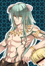 Rule 34 | 2boys, abs, armlet, bad id, bad pixiv id, bar censor, blonde hair, blue hair, bracelet, censored, earrings, enkidu (fate), fake censor, fate/strange fake, fate/zero, fate (series), gilgamesh (fate), green eyes, green hair, horns, jewelry, long hair, male focus, manly, multiple boys, muscular, necklace, tattoo, topless male, yy (yytomb)