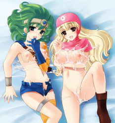 Rule 34 | 2girls, blonde hair, breast hold, breasts, brown eyes, chunsoft, circlet, cum, cum in clothes, cum on body, cum on breasts, cum on clothes, cum on lower body, cum on pussy, cum on upper body, dragon quest, dragon quest ii, dragon quest iv, earrings, enix, gloves, green eyes, green hair, heroine (dq4), hood, jewelry, lying, multiple girls, nipples, nude, on back, open fly, open mouth, princess of moonbrook, pussy, short shorts, shorts, smile, tenro aya, topless, unzipped, wet, wet clothes