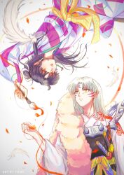 Rule 34 | 1boy, 1girl, armor, black hair, crescent, crescent facial mark, earrings, facial mark, feathers, fur shawl, highres, holding, holding paintbrush, inuyasha, japanese armor, japanese clothes, jewelry, kagura (inuyasha), kimono, long hair, long sleeves, looking at another, paintbrush, pointy ears, rotational symmetry, sash, sesshoumaru, shawl, sheath, sheathed, sword, tomo-alice, upside-down, weapon, white hair, wide sleeves, yellow eyes