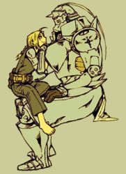 Rule 34 | 2boys, alphonse elric, apron, armor, automail, barefoot, blonde hair, braid, brothers, edward elric, full armor, fullmetal alchemist, gloves, kakuu, leaning on person, looking at another, lowres, multiple boys, red eyes, siblings, sitting, sitting on lap, sitting on person, smile