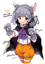 Rule 34 | 1girl, :d, animal ears, animal hands, black cape, blush, buttons, cape, collared shirt, cropped legs, dated, fake animal ears, fang, grey eyes, grey hair, halloween, halloween costume, kantai collection, odawara hakone, ooshio (kancolle), open mouth, orange shorts, overall shorts, overalls, pumpkin pants, shirt, short hair, short sleeves, shorts, simple background, skin fang, smile, solo, twintails, twitter username, v-shaped eyebrows, white background, white shirt, wolf ears, wolf paws