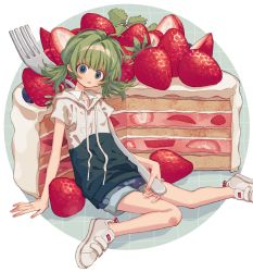 Rule 34 | 1girl, :p, arm support, blue eyes, blue shorts, blush, cake, closed mouth, fingernails, food, fork, fruit, green hair, highres, holding, holding fork, hood, hood down, hoodie, ka (marukogedago), knees together feet apart, looking at viewer, low twintails, mini person, minigirl, original, shoes, short sleeves, shorts, solo, strawberry, strawberry shortcake, tongue, tongue out, twintails, white footwear