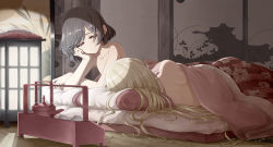 Rule 34 | 2girls, arm rest, armpit peek, back, backlighting, bedroom, black hair, blanket, blonde hair, bob cut, closed mouth, collarbone, couple, cup, drawer, elbow rest, facing away, floral print, from behind, fusuma, futon, hair spread out, half-closed eyes, indoors, long hair, looking at another, looking to the side, lying, multiple girls, muted color, nude, on side, original, pillow, red eyes, sakuraba yuuki, short hair, sleeping, sliding doors, smile, split mouth, swept bangs, tatami, teapot, thick eyelashes, under covers, very long hair, yuri