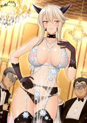 Rule 34 | 1girl, 2boys, artoria pendragon (fate), artoria pendragon (lancer alter) (fate), artoria pendragon (lancer alter) (royal icing) (fate), babydoll, bare shoulders, beard, black bow, black gloves, black hair, black jacket, black neckwear, black panties, black thighhighs, blonde hair, blush, bow, bowtie, bracelet, breasts, champagne flute, choker, cleavage, cowboy shot, craft essence (fate), cup, dark persona, drinking glass, dutch angle, facial hair, fat, fat man, fate/grand order, fate (series), garter belt, garter straps, glint, gloves, grey hair, hair between eyes, hand on own hip, hand up, holding, holding cup, horns, indoors, jacket, jewelry, large breasts, light particles, lingerie, long hair, looking at viewer, mask, mole, mole on cheek, multiple boys, mustache, navel, necklace, official alternate costume, open clothes, open jacket, panties, parted lips, ppshex, revealing clothes, see-through, shiny skin, shirt, sidelocks, skindentation, smile, solo focus, sparkle, thighhighs, tuxedo, underwear, white shirt, yellow eyes