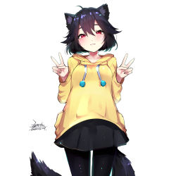 Rule 34 | 1girl, animal ears, black hair, black skirt, blush, breasts, commentary request, dated, double v, ejami, ekko (ejami), fox ears, fox girl, fox tail, hood, hoodie, long hair, looking at viewer, medium breasts, original, red eyes, signature, simple background, skirt, smile, solo, tail, v, white background, yellow hoodie