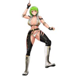 Rule 34 | 1girl, abs, asymmetrical legwear, bandaid, bandaids on nipples, belt, black belt, black choker, black gloves, black pants, boots, breasts, breasts apart, chain, choker, earrings, elbow pads, fingerless gloves, game cg, gloves, gluteal fold, gold chain, green hair, groin tendon, highres, jacket, jewelry, knee boots, knee pads, large breasts, last origin, leather, leather gloves, leather panties, leather pants, linea alba, looking at viewer, mel (dodosae), micro panties, mighty r, muscular, muscular female, official alternate costume, official art, open clothes, open jacket, panties, pants, pasties, pointing, pointing up, purple eyes, short hair, smile, standing, studded belt, sweat, tachi-e, thick thighs, thighs, underwear, white footwear, white jacket, white panties, wrestler, wrestling outfit