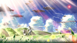 Rule 34 | 1boy, 1girl, blurry, brown hair, cloud, day, depth of field, dress, eden* they were only two on the planet, eden they were only two on the planet, field, light rays, long hair, meadow, minori (company), scenery, silver hair, sion (eden), sky, skyt2, star (sky), sunbeam, sunlight, wallpaper