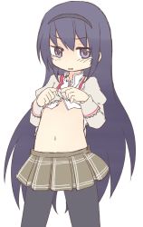 Rule 34 | 10s, 1girl, akemi homura, clothes lift, flat chest, long hair, looking at viewer, mahou shoujo madoka magica, mahou shoujo madoka magica (anime), navel, pantyhose, purple eyes, purple hair, school uniform, shirt lift, simple background, skirt, solo, tamute (2580rs), tears, very long hair, white background