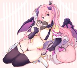 Rule 34 | 1girl, anneliese, belt, belt bra, black belt, black collar, black panties, black sleeves, black thighhighs, blue ribbon, blush, bow, box, breasts, collar, commentary, covered erect nipples, crown, demon girl, demon horns, demon tail, demon wings, expressionless, full body, gift, grey bow, groin, hair between eyes, hair bow, hair ribbon, hand up, head tilt, heart, heart-shaped box, heart o-ring, heart-shaped pillow, highres, holding, holding gift, horns, kimagure temptation, large breasts, leaning back, long hair, looking at viewer, micro panties, mini crown, o-ring, o-ring thigh strap, panties, pillow, pink background, pink eyes, pink hair, pink ribbon, plaid, plaid bow, purple ribbon, ribbon, see-through, see-through skirt, sidelocks, simple background, sitting, skirt, sleeves past wrists, solo, striped, striped background, tail, thigh gap, thigh strap, thighhighs, thighs, twintails, two side up, underwear, usetsusakon2, v-shaped eyebrows, valentine, very long hair, wariza, wings