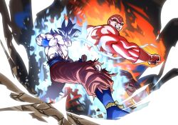 2boys alien angry aura bald battle black_eyes blue_sash blue_wristband clenched_hand debris dougi dragon_ball dragon_ball_super gloves hello_isedol highres jiren looking_at_another male_focus multiple_boys pants sash shirt son_goku spiked_hair topless_male torn_clothes torn_pants torn_shirt ultra_instinct veins white_footwear white_gloves white_hair