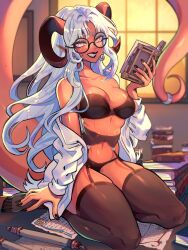 Rule 34 | absurdres, colored skin, glasses, highres, horns, melissa belladonna, red-skinned female, red skin, tail, thighhighs, underwear, white hair