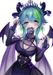 Rule 34 | 1girl, absurdres, apricot the lich, apricot the lich (1st costume), aqua hair, black dress, blush, breasts, candy, character name, claw pose, cleavage, cleavage cutout, clothing cutout, commentary, commission, corset, demon wings, dress, earrings, english commentary, fingernails, food, green eyes, green hair, highres, horns, in mouth, jewelry, lich, lollipop, medium breasts, multicolored hair, multiple horns, nail polish, neko neko ne katta, pointy ears, purple nails, second-party source, sharp fingernails, short hair, short hair with long locks, skeb commission, skull, solo, streaked hair, sword earrings, tiara, virtual youtuber, vshojo, white background, wings