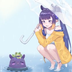 Rule 34 | 1girl, absurdres, anklet, barefoot, blunt bangs, dress, frog, gradient hair, highres, holding, hololive, hololive english, jewelry, kiwwwwwi, long hair, multicolored hair, ninomae ina&#039;nis, open mouth, orange hair, pointy ears, purple hair, rain, raincoat, smile, takodachi (ninomae ina&#039;nis), tentacle hair, tentacles, transparent, transparent umbrella, umbrella, very long hair, violet (ninomae ina&#039;nis), virtual youtuber, water drop, wet