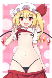 Rule 34 | 1girl, bikini, black bikini, blonde hair, border, checkered background, cleft of venus, clothes lift, clothes pull, cowboy shot, crystal, flandre scarlet, hair between eyes, lifting own clothes, looking at viewer, medium hair, micro bikini, one side up, open mouth, outside border, pink background, red skirt, red vest, rizento, shirt, shirt lift, skirt, skirt pull, smile, solo, swimsuit, touhou, v, vest, white border, white headwear, white shirt, wings
