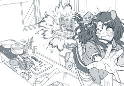 Rule 34 | 1girl, animal ears, apron, bow, bowl, carrot, chopsticks, ear covers, explosion, fleeing, greyscale, horse ears, horse girl, horse tail, indoors, king halo (umamusume), kitchen, knife, lettuce, long hair, microwave, monochrome, omaep, one side up, open mouth, pot, puffy short sleeves, puffy sleeves, school uniform, short sleeves, sink, skirt, slippers, solo, stove, sweatdrop, tail, tail raised, tracen school uniform, umamusume, window, wok
