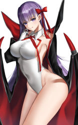 Rule 34 | 1girl, bare shoulders, bb (fate), bb (fate) (all), bb (swimsuit mooncancer) (fate), bb (swimsuit mooncancer) (third ascension) (fate), black coat, blush, breasts, coat, covered navel, fate/grand order, fate (series), faton, gloves, hair ribbon, highleg, highleg leotard, highres, large breasts, leotard, long hair, long sleeves, looking at viewer, neck ribbon, purple eyes, purple hair, red ribbon, ribbon, simple background, smile, solo, very long hair, white background, white gloves, white leotard