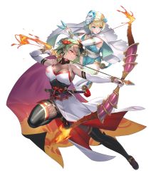 Rule 34 | 2girls, alternate costume, arrow (projectile), black thighhighs, blonde hair, blue eyes, blue hair, bow (weapon), breasts, capelet, cleavage, cuboon, dark-skinned female, dark skin, elbow gloves, female focus, fire, fire emblem, fire emblem heroes, fishnets, fjorm (fire emblem), full body, gloves, gradient clothes, gradient hair, green hair, highres, holding, holding bow (weapon), holding weapon, japanese clothes, kodachi, kunai, laegjarn (fire emblem), large breasts, mask, mask on head, multicolored hair, multiple girls, ninja, nintendo, non-web source, obi, official alternate costume, official art, orange hair, red eyes, sandals, sash, sheath, sheathed, short hair, short sword, sleeveless, sword, thighhighs, transparent background, two-tone hair, weapon, white thighhighs