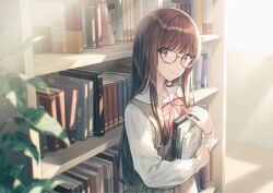 Rule 34 | 1girl, black-framed eyewear, black hair, book, hugging book, bookshelf, bow, bowtie, brown dress, brown eyes, commentary request, dress, glass, hiten (hitenkei), holding, holding book, hugging object, indoors, leaf, library, light particles, light rays, long hair, long sleeves, looking at viewer, original, pink bow, pink bowtie, plant, potted plant, sailor collar, shirt, solo, straight hair, too many, too many books, upper body, white sailor collar, white shirt