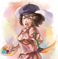 Rule 34 | 1girl, animal ears, art brush, black hair, carrot necklace, dress, highres, inaba tewi, jewelry, lleu, necklace, one eye closed, open mouth, paint splatter, paintbrush, palette (object), pendant, pink dress, rabbit ears, red eyes, solo, touhou, wink