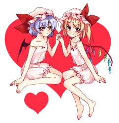 Rule 34 | 2girls, absurdres, bad id, bad pixiv id, barefoot, bat wings, blonde hair, bloomers, blue hair, blush, camisole, crystal, flandre scarlet, full body, holding hands, hat, hat ribbon, heart, highres, looking at viewer, mob cap, multiple girls, nail polish, off shoulder, pointy ears, red eyes, remilia scarlet, ribbon, short hair, siblings, side ponytail, sisters, sitting, sleeveless, smile, strap slip, touhou, underwear, underwear only, vanilla (miotanntann), white background, wings