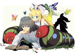 Rule 34 | 1boy, 1girl, aged down, ahoge, ant, artoria caster (fate), artoria caster (first ascension) (fate), artoria pendragon (fate), black hair, blonde hair, bug, butterfly, caterpillar, crown, fairy, fate/grand order, fate (series), flower, green eyes, hair flower, hair ornament, head on hand, highres, insect, lying, moth, oberon (fate), oberon (third ascension) (fate), on stomach, pirohi (pirohi214), reading, signature, simple background, spoilers