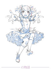 Rule 34 | 10s, 1girl, absurdres, blush, frills, gloves, highres, kaname madoka, kneehighs, magical girl, mahou shoujo madoka magica, mahou shoujo madoka magica (anime), monochrome, open mouth, outstretched arms, pg (pgouwoderen), sketch, smile, socks, solo, teeth