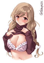 Rule 34 | 1girl, blush, bra, braid, breasts, brown eyes, brown shirt, cleavage, clothes lift, cropped torso, ebifurya, hair between eyes, highres, kantai collection, large breasts, lifted by self, light brown hair, long hair, minegumo (kancolle), navel, one-hour drawing challenge, pink bra, shirt, shirt lift, simple background, solo, twin braids, twitter username, underwear, white background