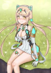 Rule 34 | 1girl, bare legs, bare shoulders, blonde hair, blush, breasts, chascoby, chest jewel, cleavage, cleavage cutout, clothing cutout, dress, earrings, elbow gloves, gem, gloves, headpiece, highres, jewelry, large breasts, long hair, looking at viewer, mythra (xenoblade), short dress, solo, swept bangs, thigh strap, tiara, tsundere, twintails, very long hair, white dress, white gloves, xenoblade chronicles (series), xenoblade chronicles 2, yellow eyes