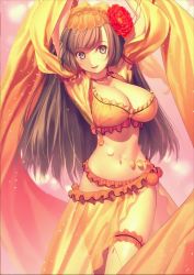 Rule 34 | 1girl, arabian clothes, belly chain, breasts, brown hair, cleavage, dancer, dancing, fate/grand order, fate (series), female focus, hair ornament, jewelry, koyama hirokazu, large breasts, long hair, looking at viewer, mata hari (fate), midriff, navel, official art, open mouth, see-through, smile, solo, waifu2x