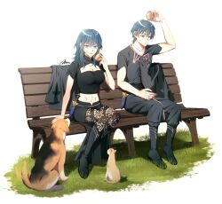 Rule 34 | 1boy, 1girl, a (asan a aa), absurdres, bench, blue eyes, blue hair, breasts, byleth (female) (fire emblem), byleth (fire emblem), byleth (male) (fire emblem), cat, commentary request, dagger, dog, fire emblem, fire emblem: three houses, food, full body, grass, hair between eyes, highres, holding, holding food, knife, korean commentary, medium breasts, medium hair, midriff, navel, nintendo, pantyhose, sheath, sheathed, short sleeves, shorts, simple background, sitting, weapon, white background
